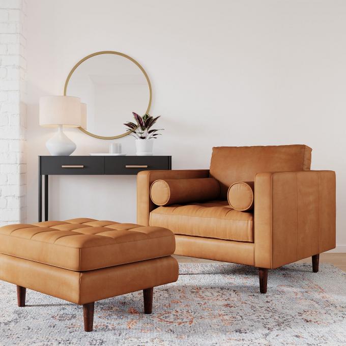 Moderne Samt-Arm-Leder-Sessel-Loungestuhl mit osmanischem Hocker 4