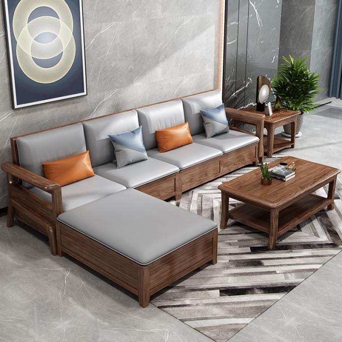 Teakholz Sofa mit 7 Sitzplätzen Modular-Lounge mit Lederpolsterung 3