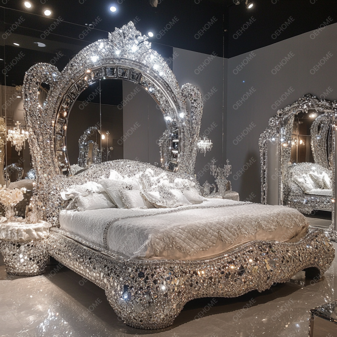 Neueste Schlafzimmermöbel Designs Luxus Diamant Kristall King/Queen Size Verspiegeltes Gepolstertes Bett für Hotels und Villen 3