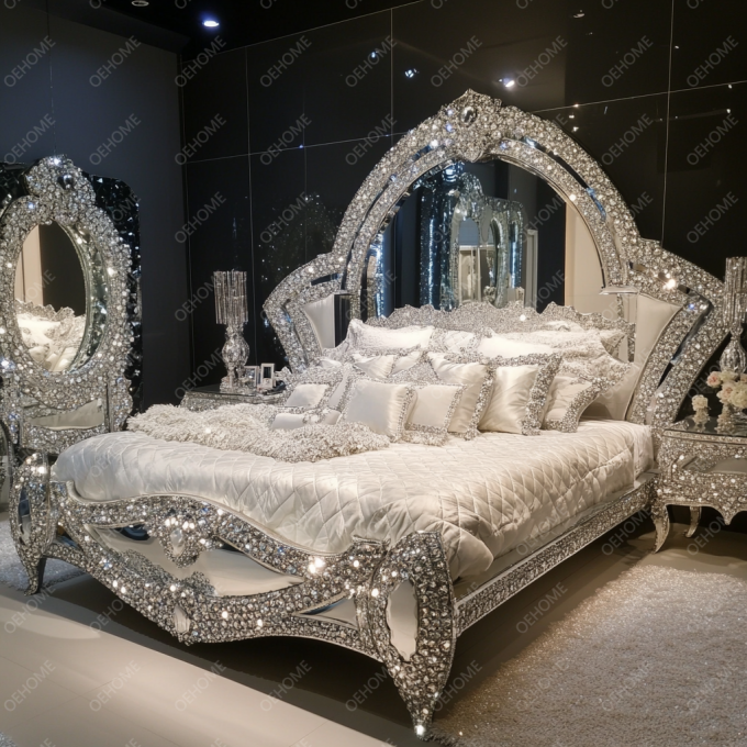 Neueste Schlafzimmermöbel Designs Luxus Diamant Kristall King/Queen Size Verspiegeltes Gepolstertes Bett für Hotels und Villen 4