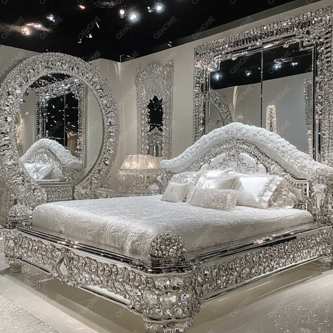 Neueste Schlafzimmermöbel Designs Luxus Diamant Kristall King/Queen Size Verspiegeltes Gepolstertes Bett für Hotels und Villen 5