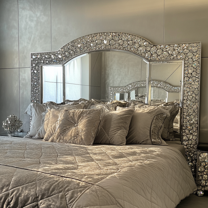 Neueste Schlafzimmermöbel Designs Luxus Diamant Kristall King/Queen Size Verspiegeltes Gepolstertes Bett für Hotels und Villen 6