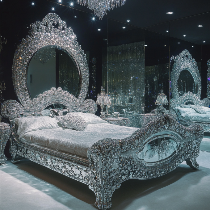 Neueste Schlafzimmermöbel Designs Luxus Diamant Kristall King/Queen Size Verspiegeltes Gepolstertes Bett für Hotels und Villen 7