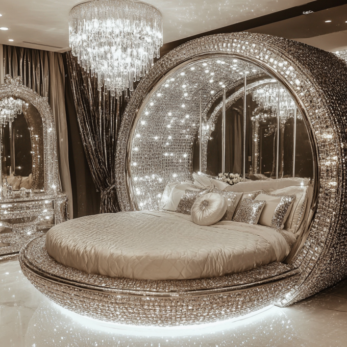 Bettenset im modernen Stil mit Spiegeloberfläche in Queen-Size, moderne Schlafzimmermöbel mit aktuellem Spiegeldesign 4