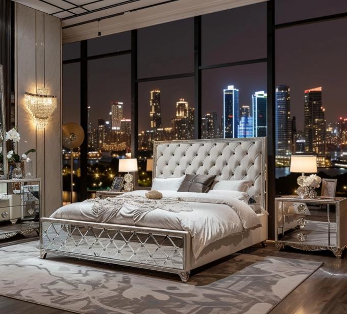 Schlafzimmer Set Spezifischer Spiegel moderner Stil Queen Size Bettmöbel mit zeitgenössischem Design 2