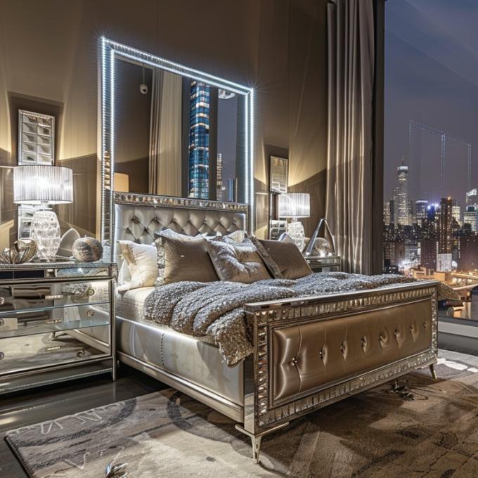 Schlafzimmer Set Spezifischer Spiegel moderner Stil Queen Size Bettmöbel mit zeitgenössischem Design 3
