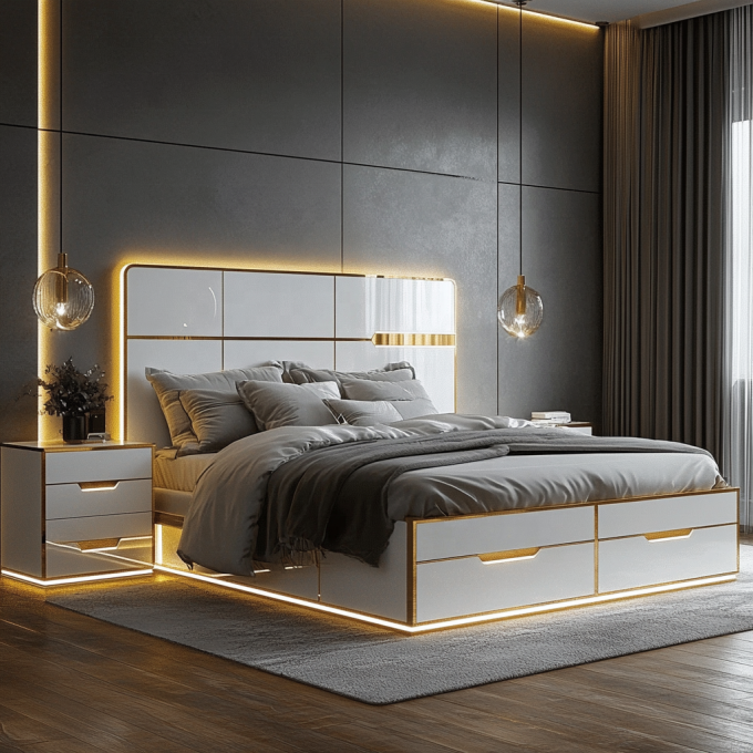 Verstellbares modernes Design Queen Size Holzbett für italienisches Luxus Royal Mirrored King Schlafzimmer-Set im Haus oder Hotelzimmer 1