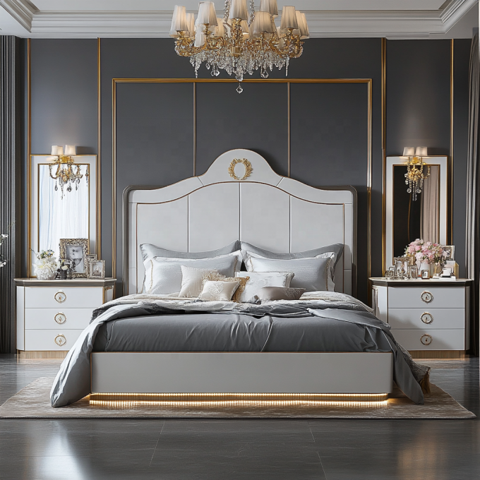 Verstellbares modernes Design Queen Size Holzbett für italienisches Luxus Royal Mirrored King Schlafzimmer-Set im Haus oder Hotelzimmer 2
