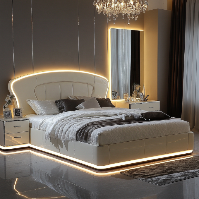 Verstellbares modernes Design Queen Size Holzbett für italienisches Luxus Royal Mirrored King Schlafzimmer-Set im Haus oder Hotelzimmer 3