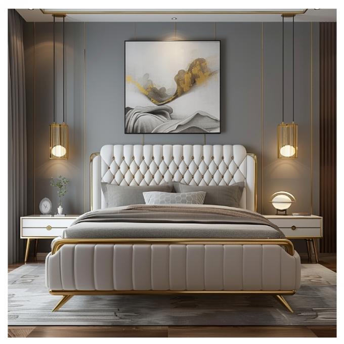 Hall Modernes Leder Master Bett Doppelbett Massivholz Stauraum Italienisches Leder Bettrahmen für Zuhause Hotel Apartment Möbel 4