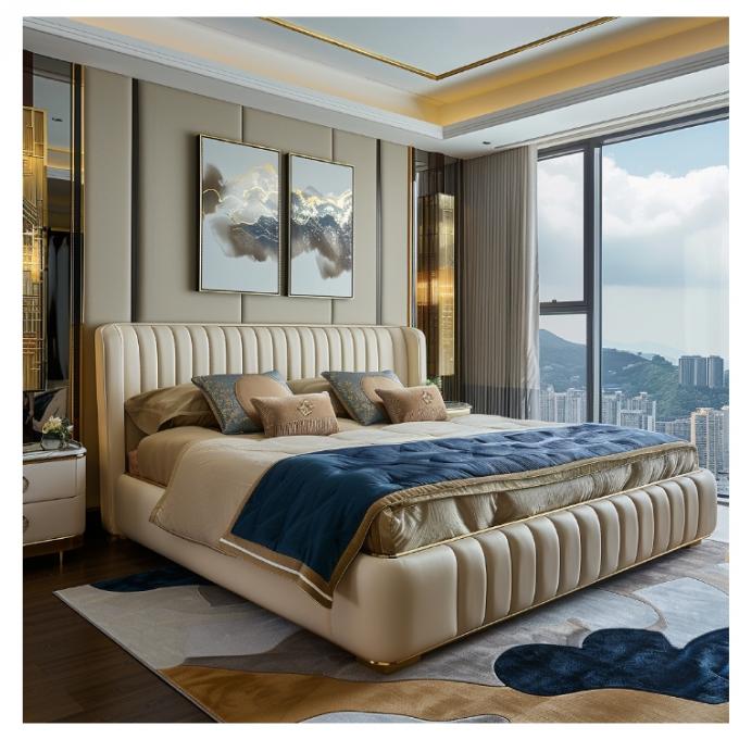 Hall Modernes Leder Master Bett Doppelbett Massivholz Stauraum Italienisches Leder Bettrahmen für Zuhause Hotel Apartment Möbel 5
