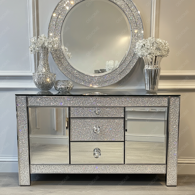 Funktionale TV-Stand und Lagerung Funktion in Holz-Panel für moderne Kristall-Spiegel Silbermöbel im Wohnzimmer Schlafzimmer 6