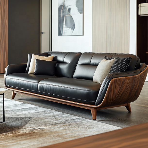 Elegantes Holz-Ecksofa-Ende, italienisches Designer-Modernes Wohnzimmer-Villa-Set mit luxuriösem Echtleder und Möbeln 2