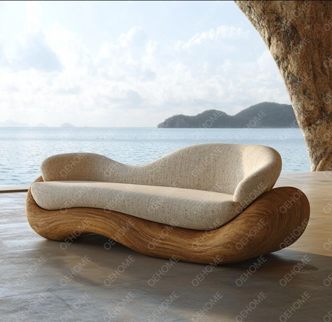Geschwungene Gartenmöbel Wohnzimmer Holzsofa-Set mit modernem Design und anpassbaren Optionen 4