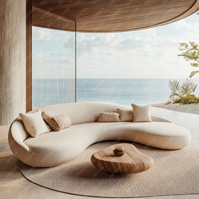 Geschwungene Gartenmöbel Wohnzimmer Holzsofa-Set mit modernem Design und anpassbaren Optionen 7