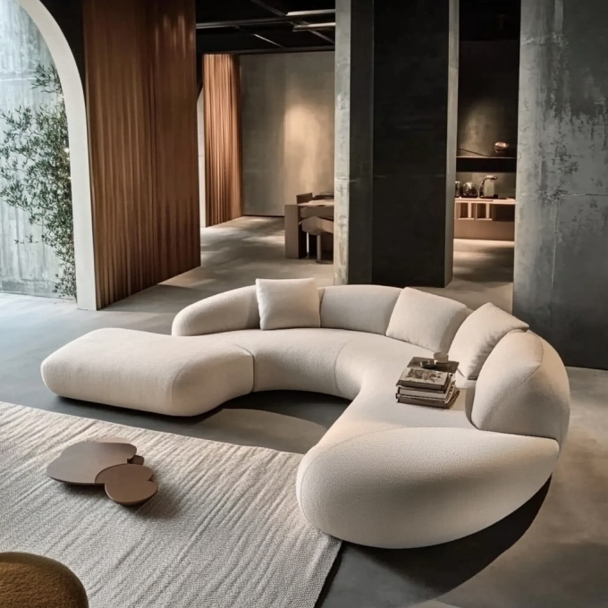 Moderne Minimalist Luxus Holzsofa Set Halbkreis Designer Runde geschwungene Couch zum Essen Wohn-Workshop 5