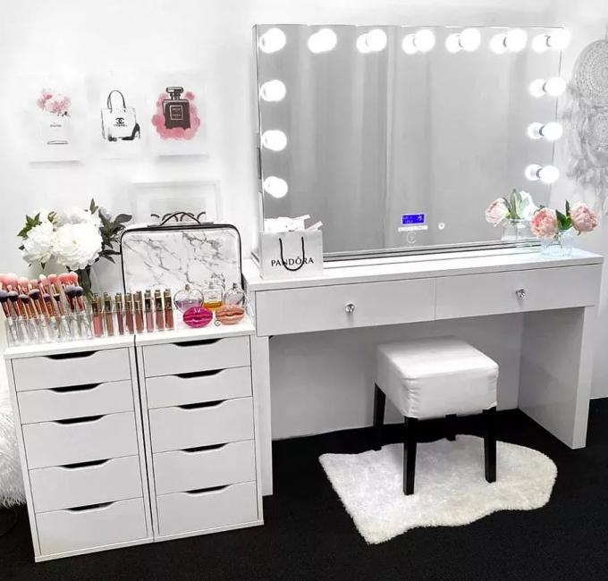 Modernes Design Eiche Make-up Tisch mit beleuchteten Spiegel Schrank 12