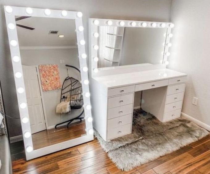 Modernes Design Eiche Make-up Tisch mit beleuchteten Spiegel Schrank 17