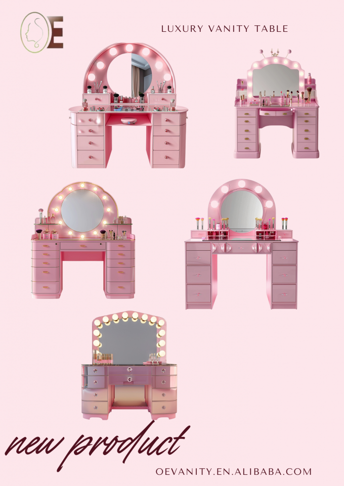 Schminktisch-Sets für das Schlafzimmer mit LED-beleuchtetem Spiegel, Schminktisch mit Schubladen und Ablagen, verstellbar in Rosa 1