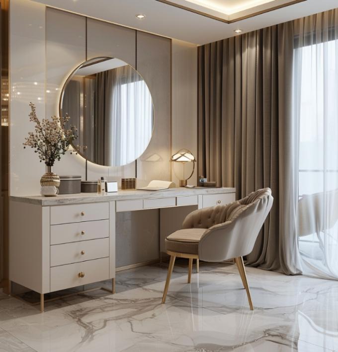 Moderne Luxus Schlafzimmermöbel Funktionales Schlafzimmer-Set mit goldbeschichteter Oberseite und Marmor-Leder-Keramik-Kommoden 6