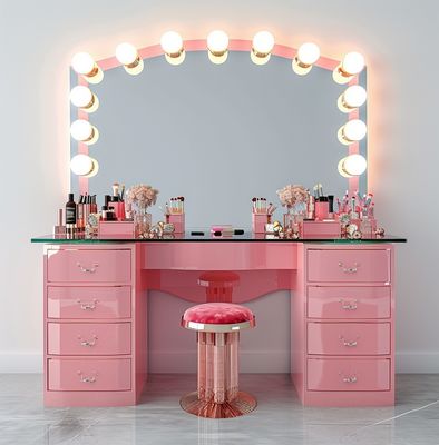 Schminktisch-Sets für das Schlafzimmer mit LED-beleuchtetem Spiegel, Schminktisch mit Schubladen und Ablagen, verstellbar in Rosa