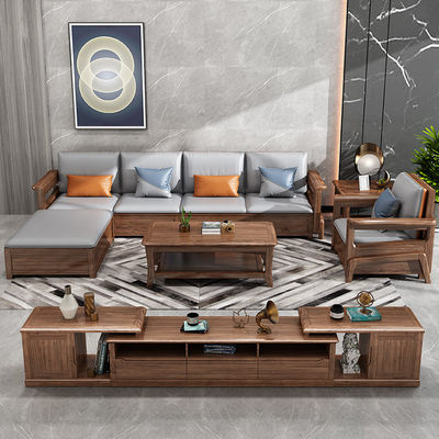 Teakholz Sofa mit 7 Sitzplätzen Modular-Lounge mit Lederpolsterung