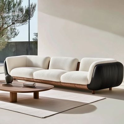 Modernes 3-Sitzer-Sofagarnitur, weiches Ecksofa, Wohnzimmer, Sitzcouch, Boucle-Stoff, weiße Möbel, Füllmaterial SCHAUM